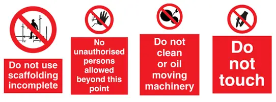 4 red and white prohibition health and safety signs